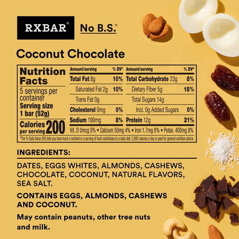 Rxbar Protein Bars 12G Protein Gluten-Free Snacks Coconut Chocolate 9.1Oz Box (5 Bars)