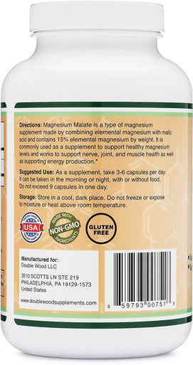 Magnesium Malate Capsules 420 Count 1500mg Per Serving Magnesium Bonded to Malic Acid Third Party Tested Vegan Friendly Gluten Manufactured in The USA by Double Wood Supplements