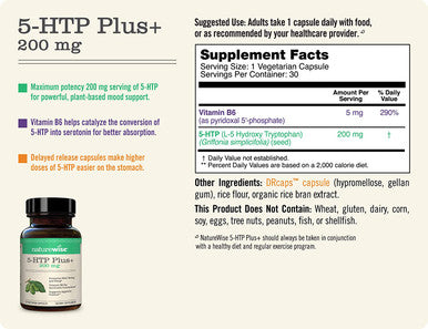 NatureWise 5HTP Max Potency 200mg Mood Balance Natural Support for Sleep Normal Weight Maintenance EasyDigest Delayed Release Capsules Enhanced w/ Vitamin B6 NonGMO 1 Month Supply 30 Count