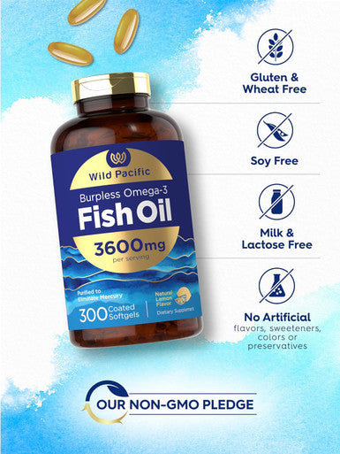 Carlyle Burpless Fish Oil 3600 mg | 300 Softgels | with Omega-3 Fatty Acids | Lemon Flavor | Non-GMO Gluten Supplement | by Wild Pacific
