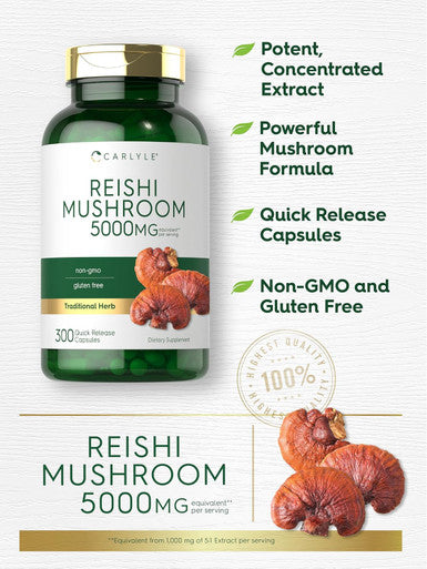 Carlyle Reishi Mushroom Supplement 5000mg | 300 Capsules | Non-GMO Gluten Reishi Mushroom Extract