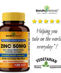 Zinc 50mg Supplement 120 Vegetarian Capsules, Zinc Highly Absorbable Supplements for Immune Support System, Gluten Free Zinc Supplement