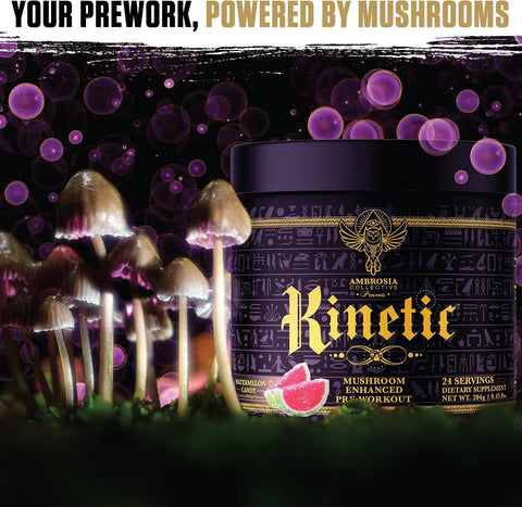 Ambrosia Kinetic Organic Preworkout Mushroom Enhanced Natural Pre Workout Supplement Nootropic Superfood Powder For Energy (Watermelon Candy)