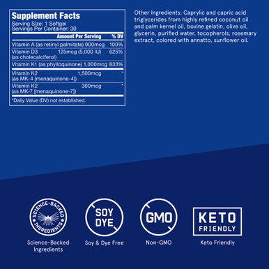 Bulletproof Vitamins A-D-K, 30 Softgels, 900Mcg Vitamin A, With 5000 Iu D3, K1, K2, K3, High Potency Keto Supplement For Heart, Bone Health And Immune Support
