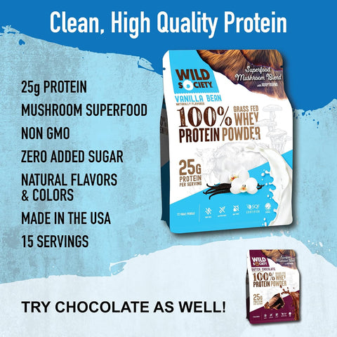 Wild Society - Premium 100% Grass Fed Whey Protein Powder + Superfood Mushrooms & Adaptogens - 25G Protein Clean Protein Powder 0 Added Sugar Non Gmo Gluten - Vanilla Bean 17.5 Oz
