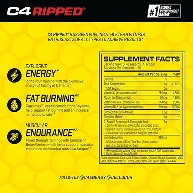 C4 Ripped Pre Workout Powder Cherry Limeade | Creatine Free + Sugar Free Preworkout Energy Supplement for Men & Women | 150mg Caffeine + Beta Alanine + Weight Loss | 30 Servings