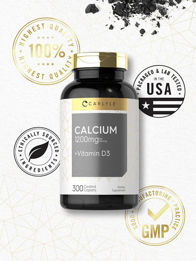 Calcium | 1200mg | with Vitamin D3 | 300 Tablets | Vegetarian, Non-GMO, and Gluten Free | by Carlyle