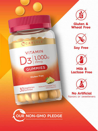 Carlyle Vitamin D3 Gummies | 1000 IU (25 mcg) | 30 Count | Vegetarian, Non-GMO, and Gluten Free Formula | Natural Pineapple Flavor
