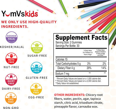 Prebiotic Fiber Zero Gummies For Kids By Yumvs Keto Sugar Gummy Chews For Toddlers 4G Fiber For Children Constipation Support Natural Kosher Halal Berry Chewable 70 Count