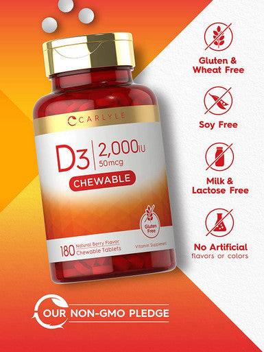 Carlyle Chewable Vitamin D3 2000 Iu (50Mcg) Tablets | 180 Count | Natural Berry Flavor | Vegetarian, Non-Gmo And Gluten Free