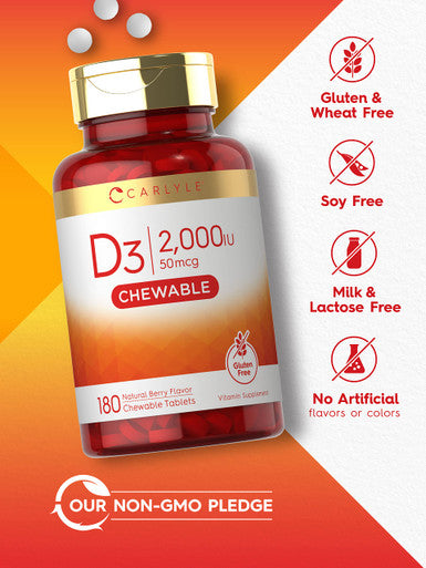 Carlyle Chewable Vitamin D3 2000 Iu (50Mcg) Tablets | 180 Count | Natural Berry Flavor | Vegetarian, Non-Gmo And Gluten Free