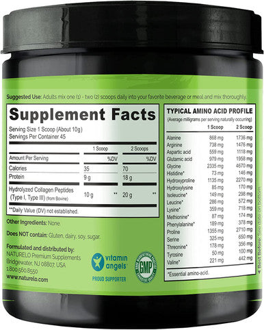 NATURELO Collagen Peptide Powder, Hydrolyzed Collagen Type I & III, Skin Hair & Joint Health - Unflavored, 16 Ounces - 45 Servings