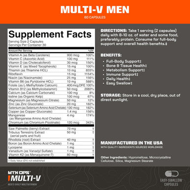 Mtn Ops Multi-V Mens Multivitamin Vegetarian Capsules, Essential Daily Vitamin Complex, 60 Capsules, 30 Day Supply