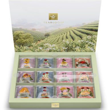 Teabloom Flowering Tea Chest - Curated Collection of 12 Gourmet Flowering Teas - Packaged in Beautiful -Ready Tea Box