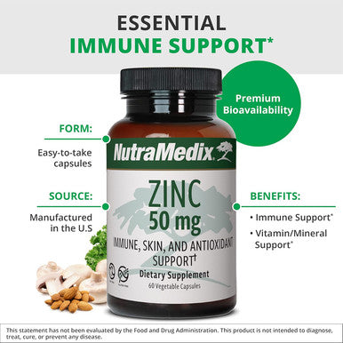 Nutramedix Zinc 50Mg - Zinc Supplements For A Healthy Immune Defense, Skin Health & Antioxidant Support - Easy To Digest Zinc For Immune Health (60 Capsules)