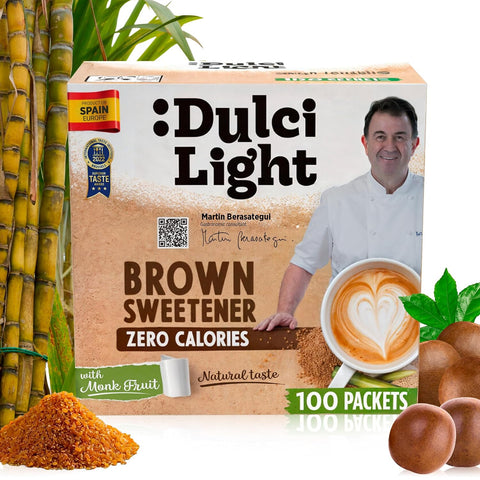 DulciLight Brown Monk Fruit 500 packets. Zero Calorie Sweetener. Monk Fruit Sweetener No Erythritol, Allulose and Stevia. Monkfruit Keto Sugar Substitute granulated powdered without aftertaste. Monk fruit coffee sweetener.