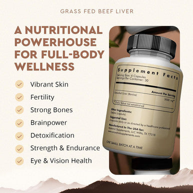 Ancestral Supplements Grass Fed Beef Liver (Desiccated) Natural Iron Vitamin A B12 for Energy 180 Capsules