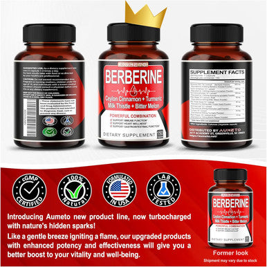 Aumeto 8 in 1 Berberine Supplement - Equivalent to 13100mg per Capsule - Support Digestion Immunity - with Ceylon Cinnamon Milk Thistle Turmeric Bitter Melon