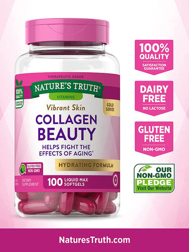 Collagen Beauty Supplement | 100 Liquid Max Softgels | Non-GMO & Gluten Pills | Hydrating Formula | by Natures Truth