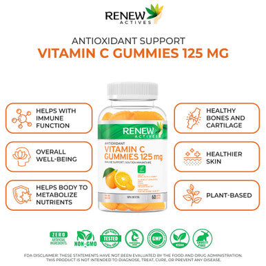 Renew Actives Vitamin C Gummies - Promotes Bone, Cartilage, Teeth, And Gum Health - Enhances Connective Tissue Formation - Source Of Antioxidants - 60 Gummies