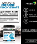 Renew Actives Creatine Monohydrate Powder, Ultimate Post Or Pre Workout Powder For Muscle Growth, Mass Gainer, And Increased Strength, 100% Pure Creatine Powder 5G Per Serving/ 60 Serving