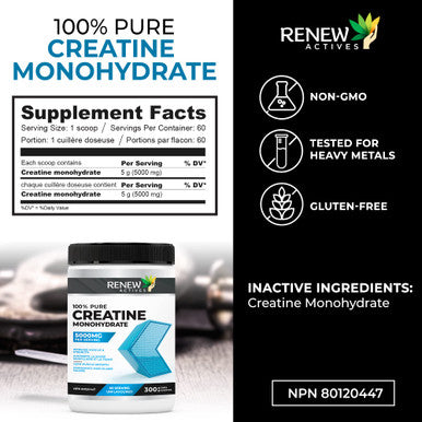 Renew Actives Creatine Monohydrate Powder, Ultimate Post Or Pre Workout Powder For Muscle Growth, Mass Gainer, And Increased Strength, 100% Pure Creatine Powder 5G Per Serving/ 60 Serving
