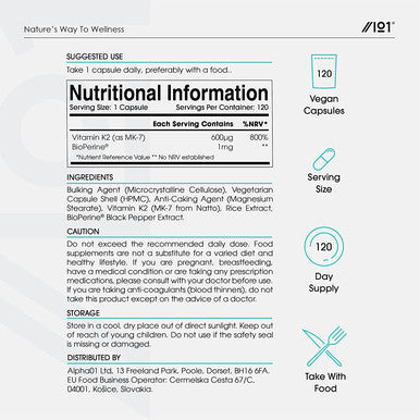 ALPHA01 Vitamin K2 MK-7 600mcg Fermented Natto Based Vegan Vitamin K - Supports Bone Health Non GMO Halal 120 Vegan Capsules