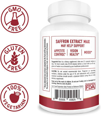 Saffron Supplement 88.5mg (90 Capsules) 100% Saffron Extract Appetite Suppressant for Men & Women*; Weight Loss, Appetite Control, Hunger Suppression & Vision Health*
