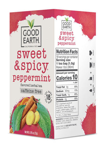 Good Earth Sweet & Spicy, Caffeine Free Peppermint Herbal Tea, Black 18 Tea Bags