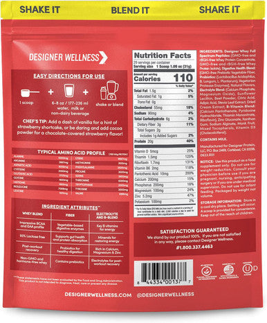 Designer Wellness, Designer Whey, Natural Whey Protein Powder With Probiotics, Fiber, And Key B-Vitamins For Energy, Gluten-Free, Summer Strawberry, 2 Lb