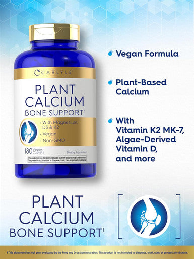 Carlyle Plant Based Calcium with Vitamin K2 D3 Magnesium | 180 Vegan Caplets | Bone Strength Supplement | Non-GMO & Gluten