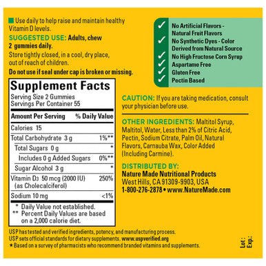 Nature Made Zero Sugar Vitamin D3 Gummies 2000 Iu (50 Mcg) Per Serving Immune Bone Teeth & Muscle Support Supplement 110 Sugar Free Vitamin D Gummies 55 Day Supply