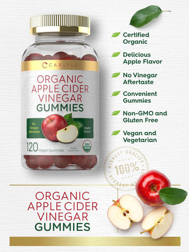 Carlyle Organic Apple Cider Vinegar Gummies | 120 Count | USDA Organic | Vegan Non-GMO & Gluten- ACV Gummies | Apple Flavor