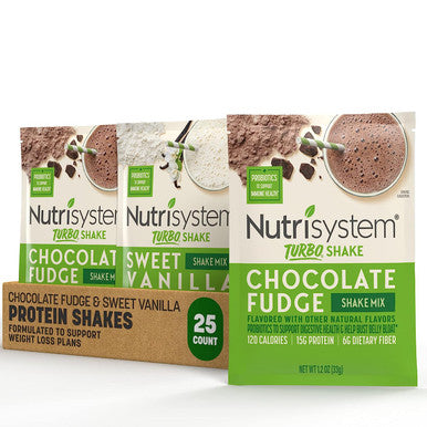 Nutrisystem Chocolate Fudge and Sweet Vanilla Turbo Protein and Probiotic Shake Mix, Meal Replacement Shake, 15g of Protein, 21 Vitamins and Minerals, 25 Servings