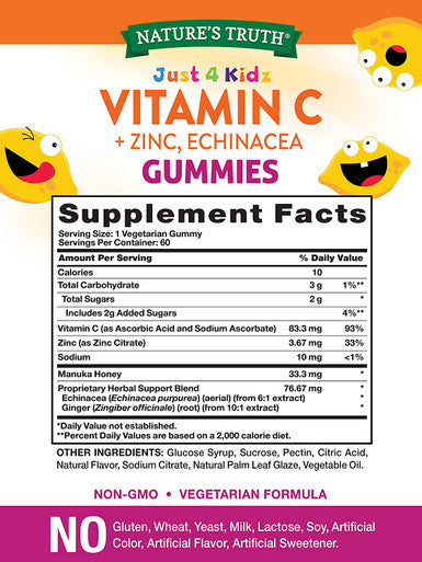 Vitamin C Gummies for Kids | with Zinc & Eusacea | 60 Count | Vegetarian, Non-GMO & Gluten | by Natures Truth