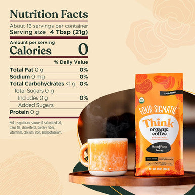 Four Sigmatic Think Mushroom Coffee | Organic Ground Coffee With Lion'S Mane Mushroom And Chaga Mushroom | Nootropic Mushroom Coffee For Better Focus And Immune Support | 12Oz Bag