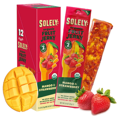 Solely - Organic Mango Fruit Jerky - 12 Individually Wrapped Fruit Strips - Fruit Leather Made from Dried Fruits - Healthy Snacks, Vegan - 0.8oz (23g)
