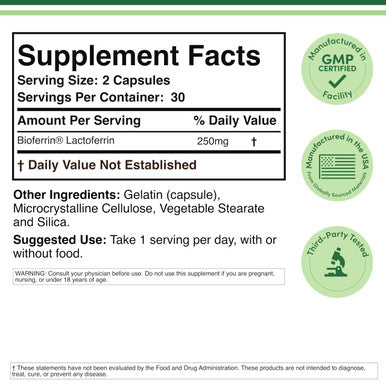 Double Wood Supplements Lactoferrin 250mg per Serving (60 Capsules) Patented Bioferrin Lactoferrin Superior Iron for Iron Deficiency and Immune Support