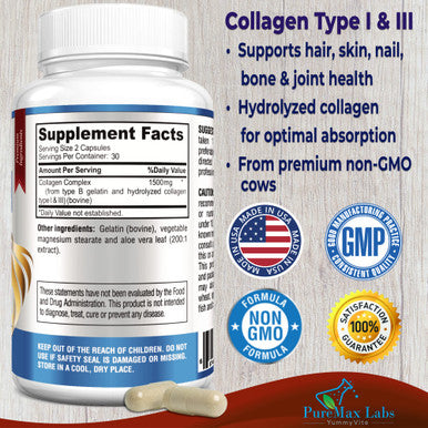 YUMMYVITE Collagen Types I & Iii - Collagen Pills, Supports Healthy Hair, Skin, Nails, Joints - Hydrolyzed Collagen Supplement, 60 Capsules