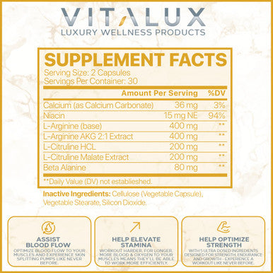 EPN Supplements Vitalux || #1 Rated Premium Nitric Oxide Booster || Enhance Blood Flow, Massive Pumps, Optimize Strength | Ultra Dosed Formula W/ 5 Powerful Ingredients | 3Rd Party Tested + Usa Made - 60 Capsules