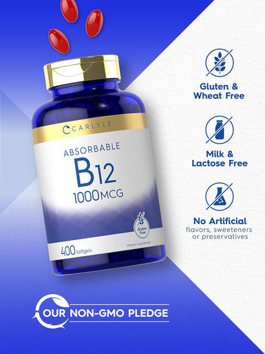 Carlyle Vitamin B12 Absorbable 1000mcg | 400 Softgels | Non-GMO and Gluten Supplement