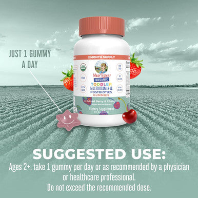 Maryruth Organics Toddler Multivitamin Gummies + Postbiotics | USDA Organic | Vitamins for Kids Ages 2+ | Immune Support | Vitamin C | Vitamin D3 | Vitamin A | Zinc | Vegan | Non-GMO | 60 Servings
