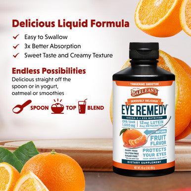 Barlean's Eye Remedy Supplement Tangerine Flavored Fish Oil Liquid with Lutein Astaxanthin and Zeaxanthin 1,000mg Omega 3 EPA DHA Eye Care Supplements 16 oz