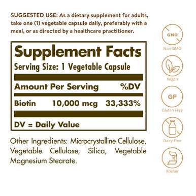 Solgar Biotin 10 000 Mcg 120 Vegetable Capsules - Energy Metabolism Promotes Healthy Skin Nails & Hair - Super High Potency - Non-Gmo Vegan Gluten Dairy Free Kosher - 120 Servings