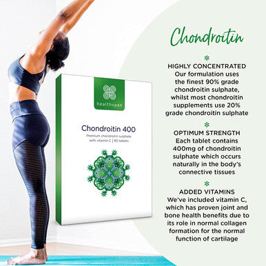 Healthspan Chondroitin (90 Tablets) | High Strength 90% Grade Chondroitin Sulphate | with Added Vitamin C to Support Healthy Bones and Joints | Gelatin Free