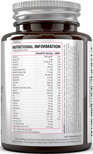 Women's Multivitamin and Minerals - 28 Essential Vitamins, Minerals and Botanicals with Hyaluronic Acid, Vitamin D3 and Biotin - 180 Vegan Tablets - No Synthetic Fillers or Binders, Made in The UK