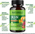 NATURELO Vegan Iron Supplement with Vitamin C and Organic Whole Foods - Gentle Iron Pills for Women & Men w/ Iron Deficiency Including Pregnancy, Anemia and Vegan Diets - 90 Mini Capsules