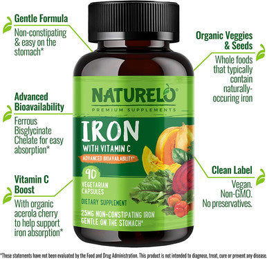 NATURELO Vegan Iron Supplement with Vitamin C and Organic Whole Foods - Gentle Iron Pills for Women & Men w/ Iron Deficiency Including Pregnancy, Anemia and Vegan Diets - 90 Mini Capsules
