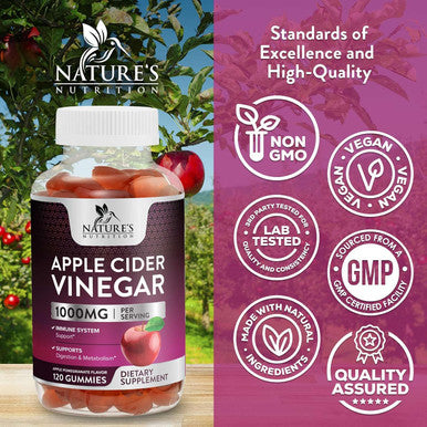 Nature'S Nutrition Apple Vinegar Gummy 1000mg Vegan Apple Cider Vinegar Gummies for Detox & Cleanse ACV Supplement with Vitamin B12 Beetroot & Pomegranate Non-GMO - 120 Gummies