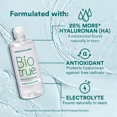 Biotrue Hydration Plus Contact Lens Solution With Lens Case Multi-Purpose Solution For Soft Lenses Hydrates With Hyaluronan Cleans Clears And Disinfects For All-Day Comfort 10 Fl Oz (Pack Of 1)